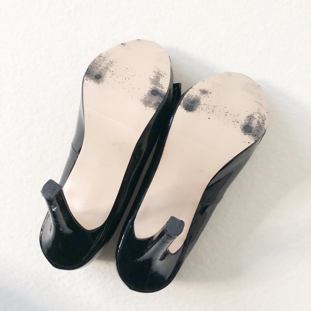 Zara Black Peep Toe Stiletto Heels Bow Detail Faux Vegan Patent Leather Shoes - Picture 7 of 16